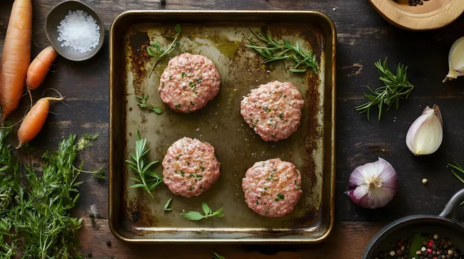 Selbstgemachte Frikadellen auf Backblech mit Kräutern