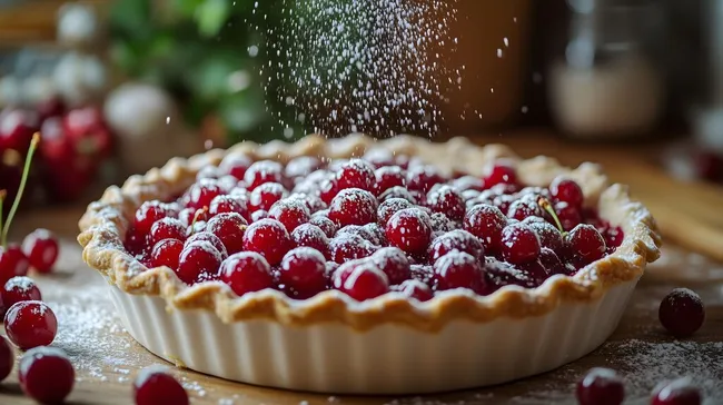 Selbstgemachte Kirsch-Tarte mit Puderzucker bestreut