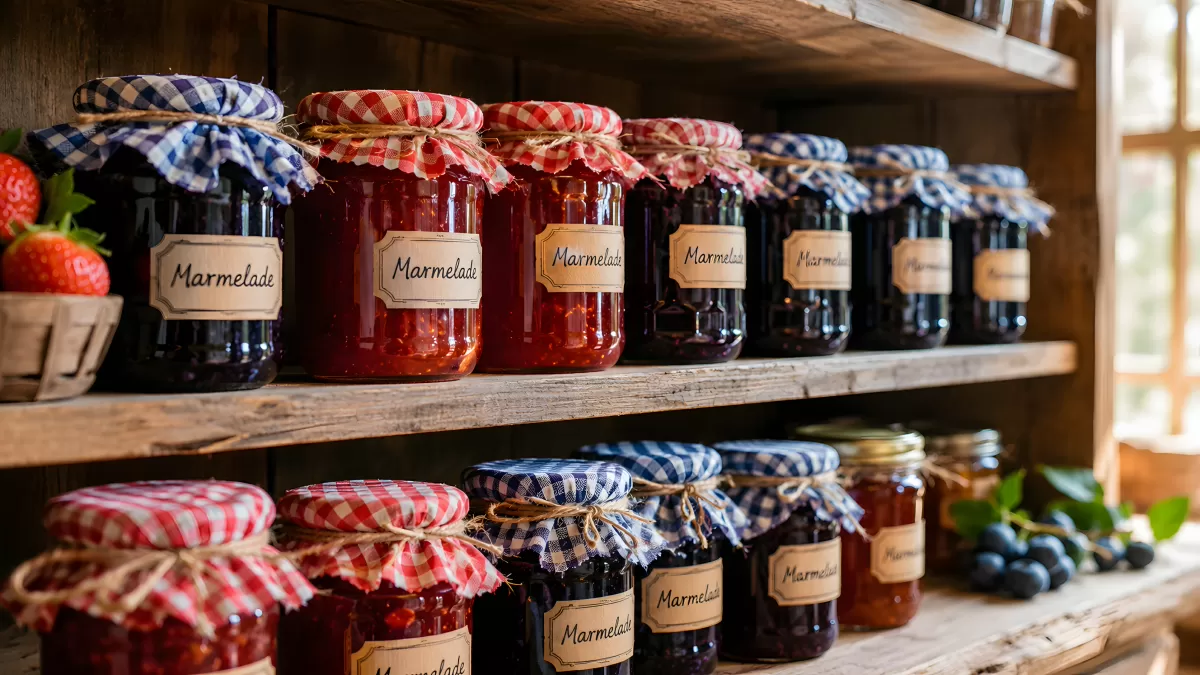 Selbstgemachte Marmelade in Gläsern auf Holzregal