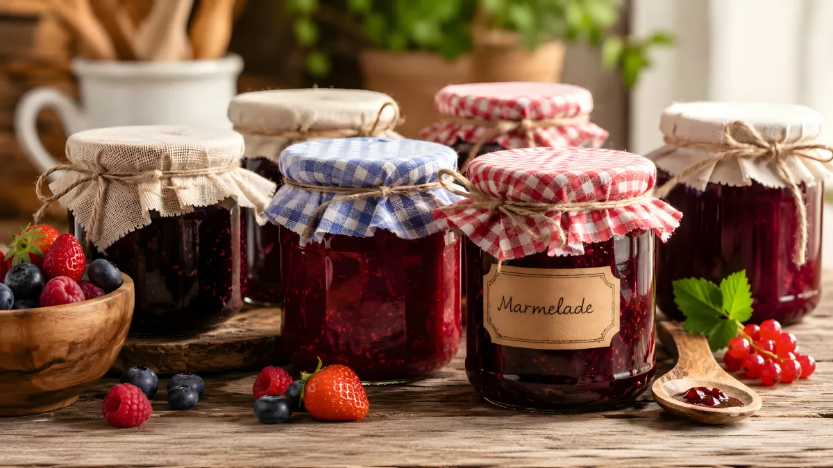 Selbstgemachte Marmelade in Gläsern mit Beeren