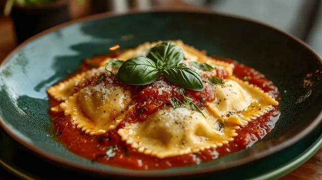 Selbstgemachte Ravioli mit Tomatensauce und Basilikum