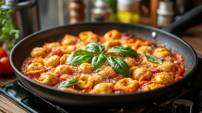 Selbstgemachte Tortellini in Tomatensauce mit frischem Basilikum