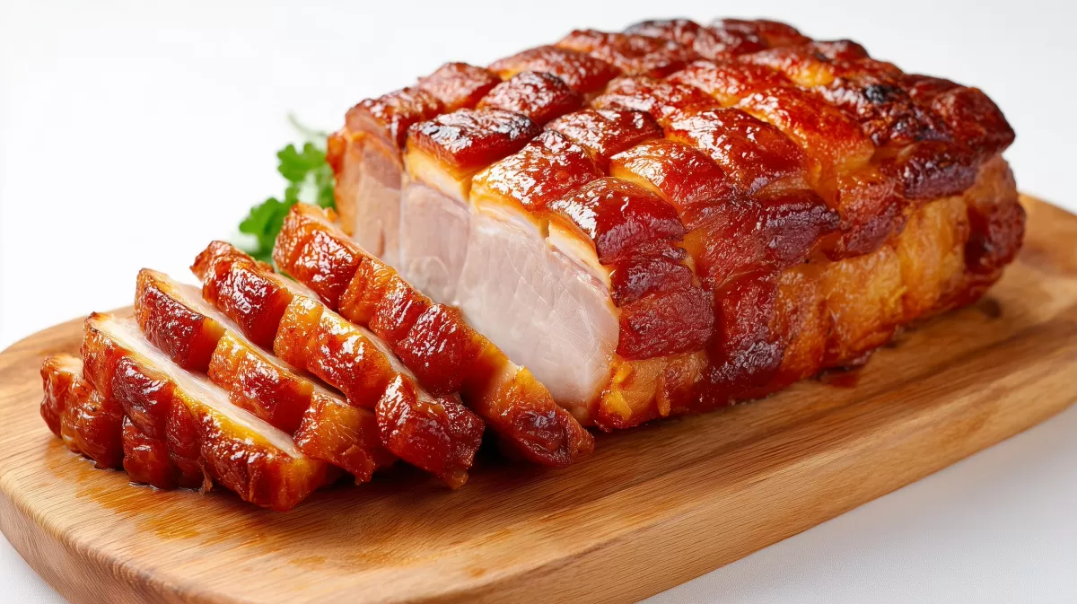 Selbstgemachter Backschinken auf Holzbrett im Ofen