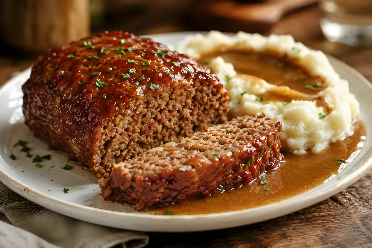 Selbstgemachter Hackbraten mit Püree und Soße