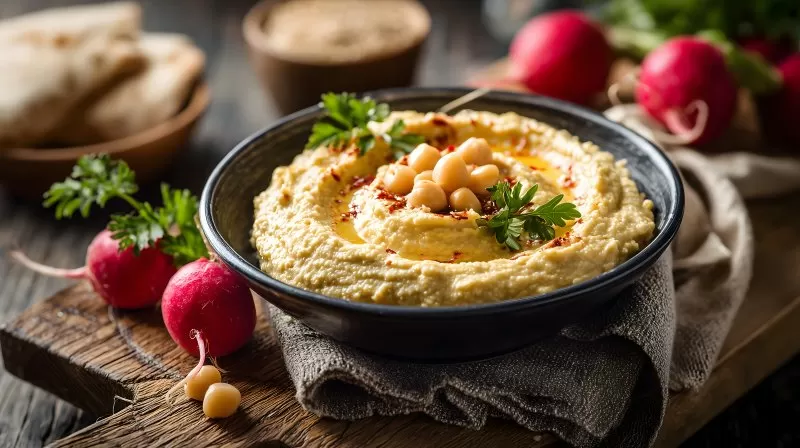 Selbstgemachter Hummus mit Kichererbsen und Radieschen