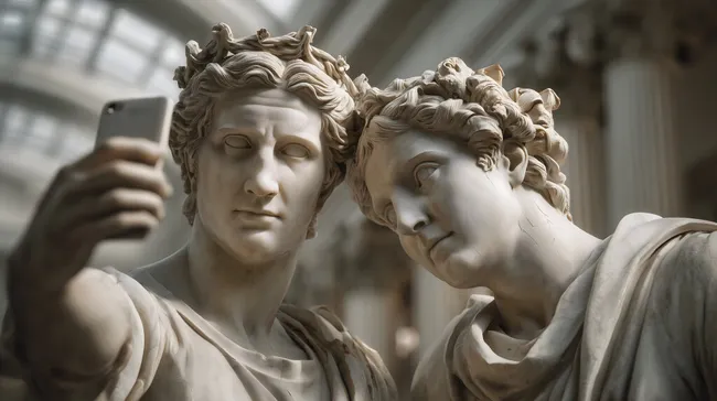 Selbstporträt antiker Marmorskulpturen mit Smartphone