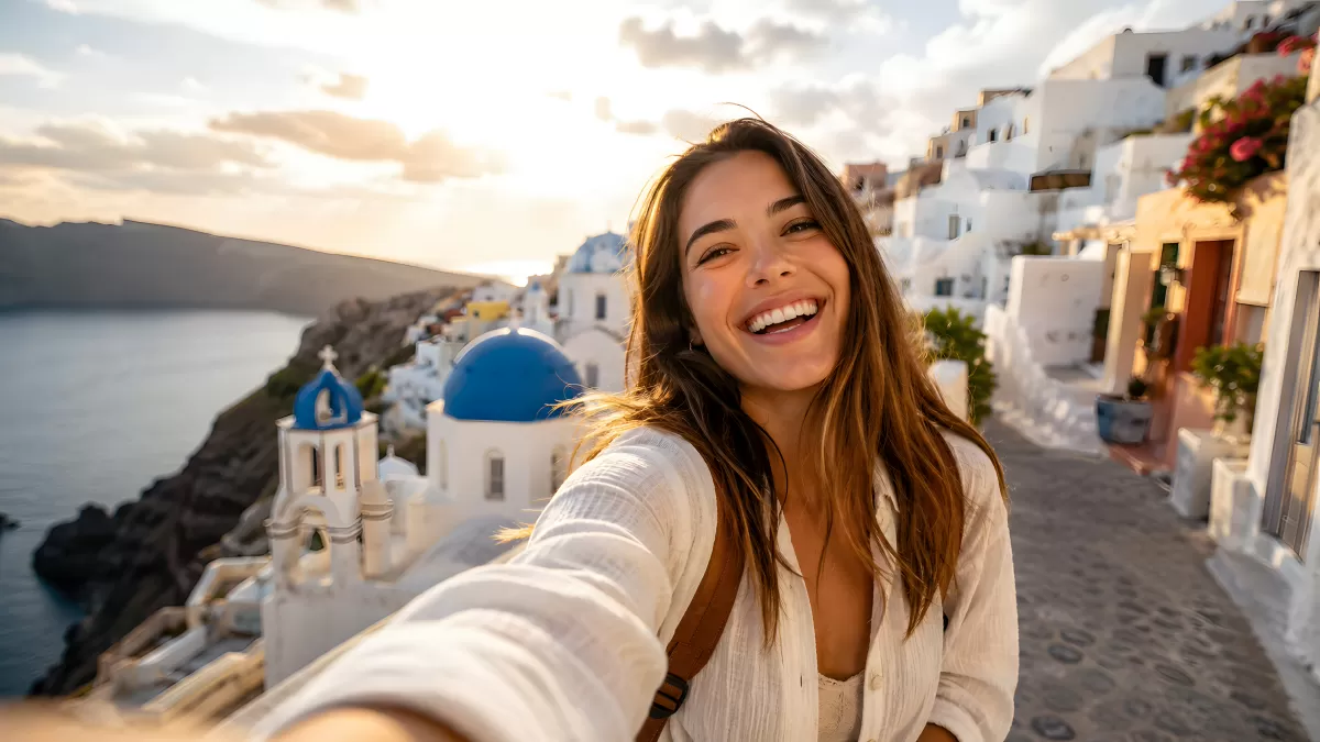 Selfie einer Frau in Santorini bei Sonnenuntergang
