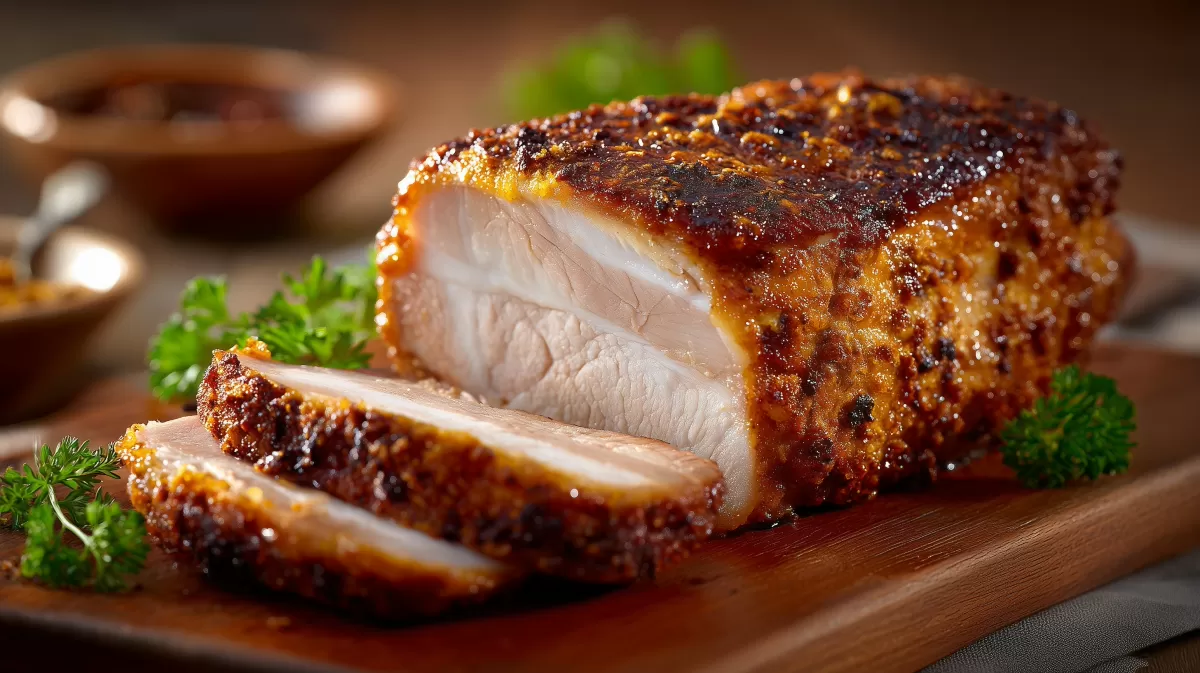 Senf Schweinebraten aufgeschnitten auf Holzbrett