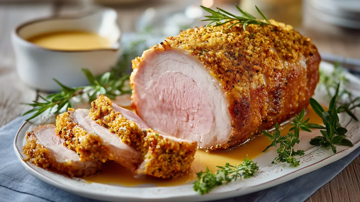 Senf Schweinebraten mit Kräuterkruste aufgeschnitten