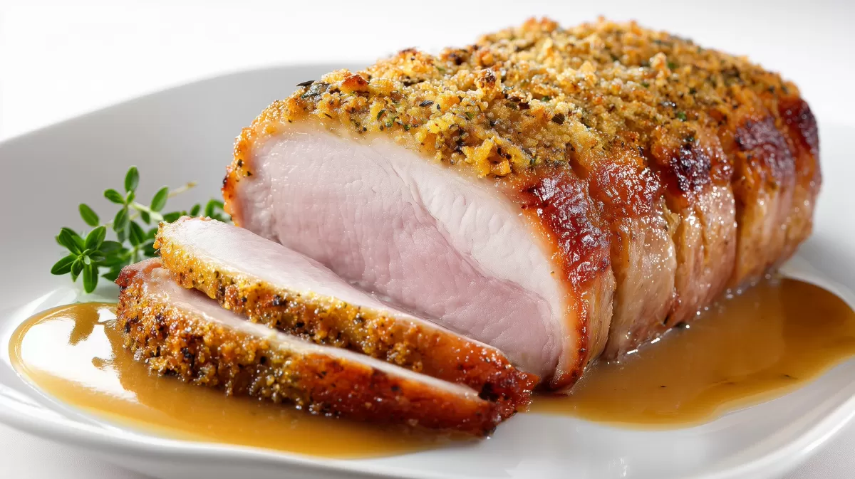 Senf Schweinebraten mit Kräuterkruste und Bratensauce