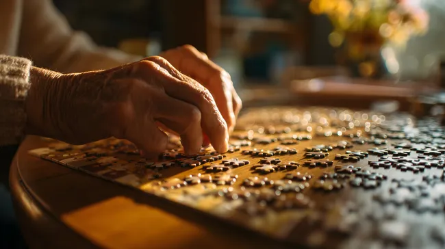 Senioren beim Puzzlespielen auf Holztisch