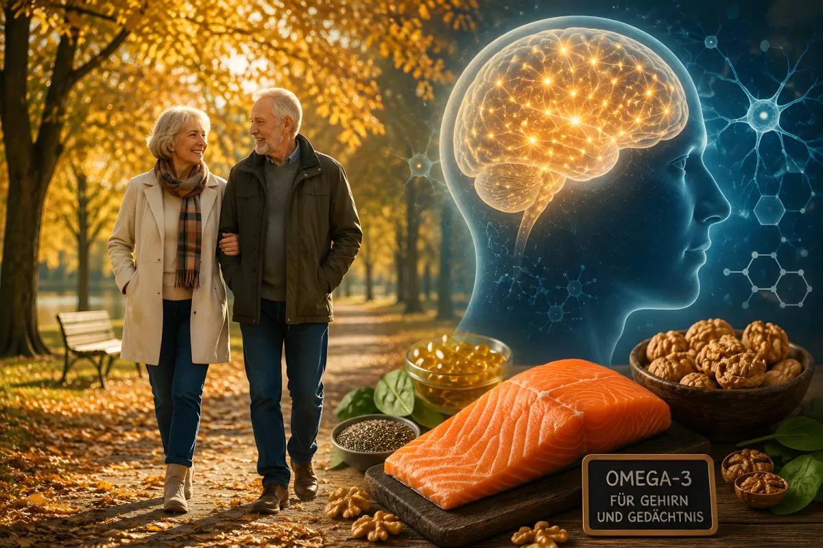 Senioren beim Spaziergang mit Omega-3 Gehirn-Grafik