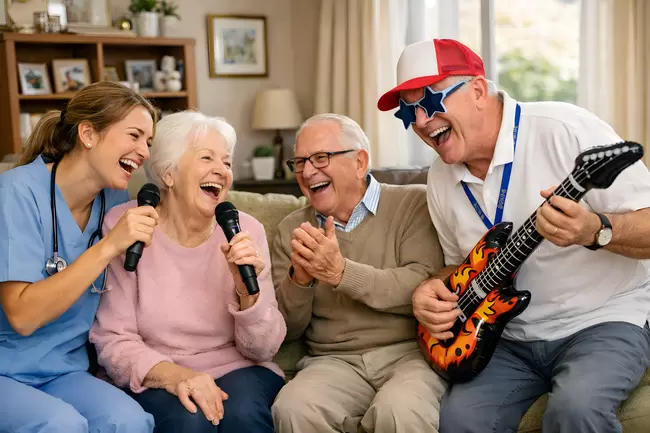 Senioren musizieren und singen zusammen mit Krankenschwester