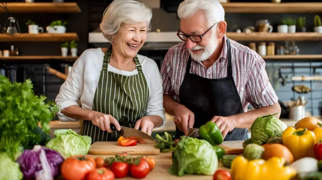Senioren Paar genießt Zubereitung von frischen Gemüsesalat