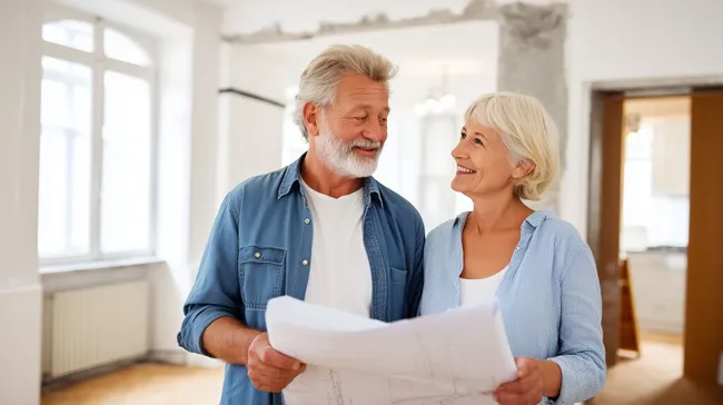 Senioren-Paar mit Bauplan bei Wohnungsrenovierung