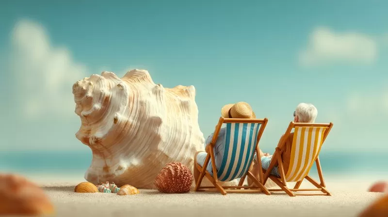 Senioren sitzen am Strand vor riesiger Muschel