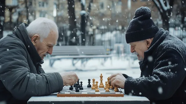 Senioren spielen Schach im verschneiten Stadtpark