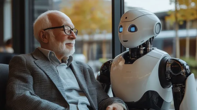 Senioren-Technologie-Interaktion in modernem Café