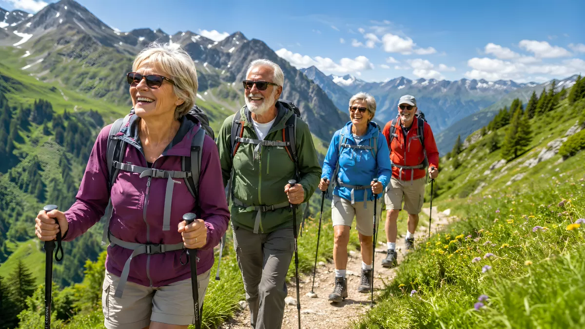 Senioren wandern gemeinsam in den Alpen bei Sonnenschein