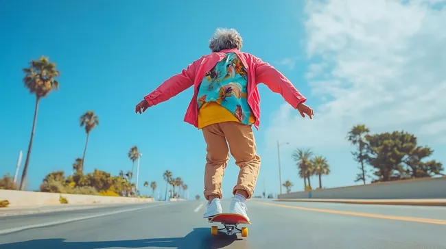 Seniorenfreude auf Skateboard unter Palmen