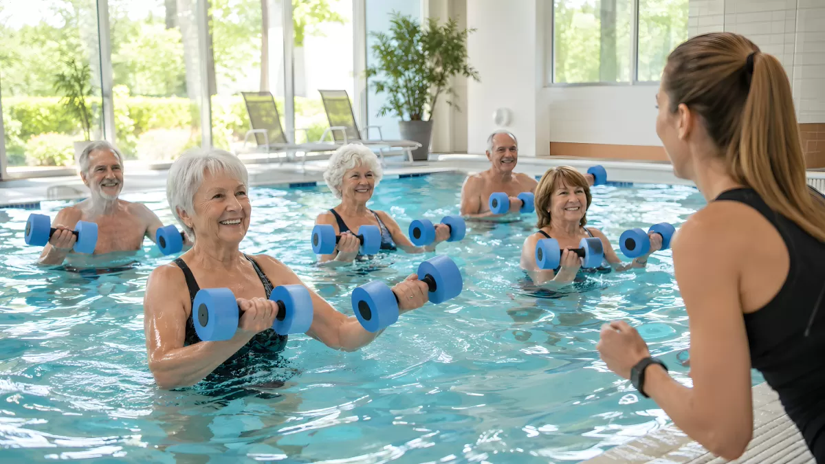 Seniorengruppe beim Aquafitness im Hallenbad