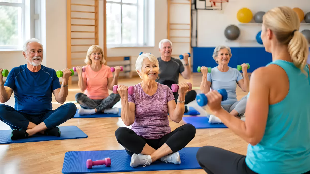 Seniorengruppe trainiert mit Hanteln im Fitnesskurs