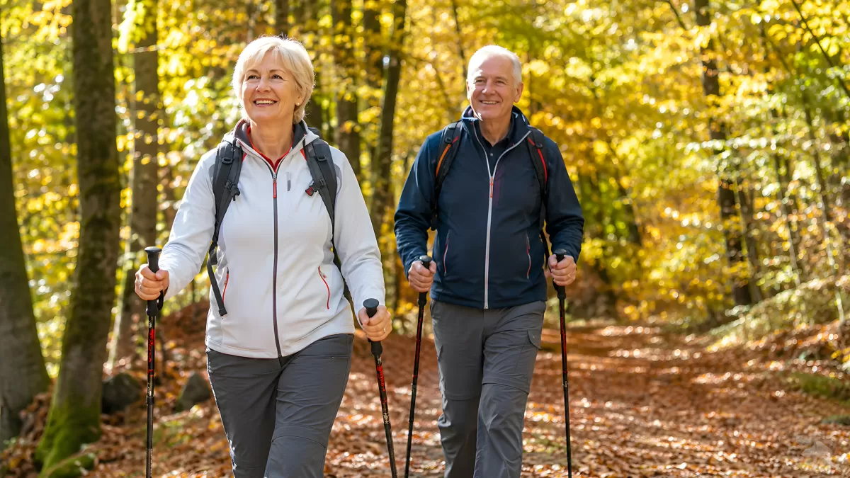 Seniorenpaar beim Nordic Walking im Herbstwald