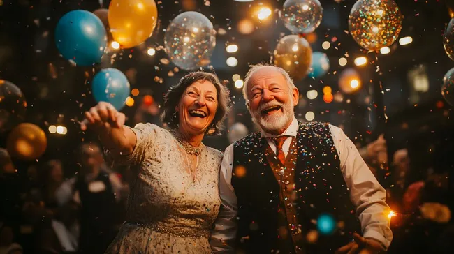 Seniorenpaar feiert ausgelassen Geburtstag mit Konfetti und Ballons