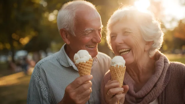 Seniorenpaar genießt Eis im Sommerpark