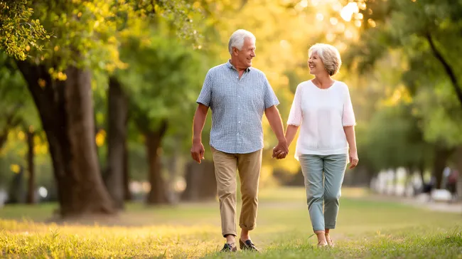 Seniorenpaar genießt Spaziergang in sonnigem Herbstpark