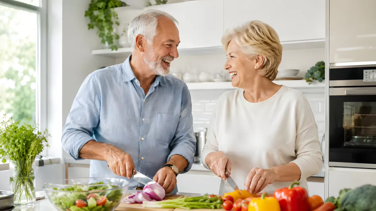 Seniorenpaar kocht gemeinsam frisches Gemüse in heller Küche