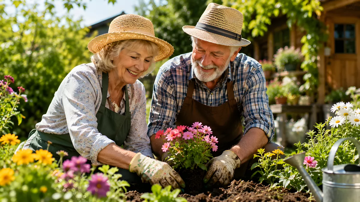 Seniorenpaar pflanzt gemeinsam Blumen im Garten — Bild kostenlos herunterladen