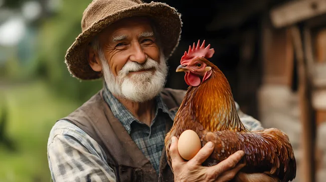 Seniorenporträt auf Bauernhof mit Henne und Ei