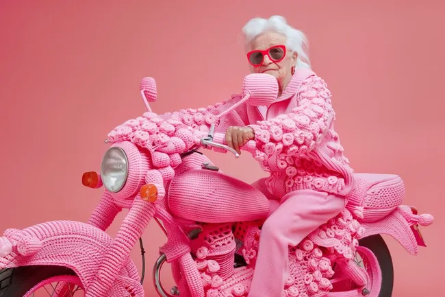 Seniorin auf rosa Motorrad in kreativer Kunst