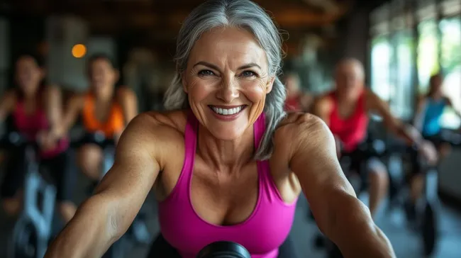Seniorin beim Spinning-Training mit Lächeln