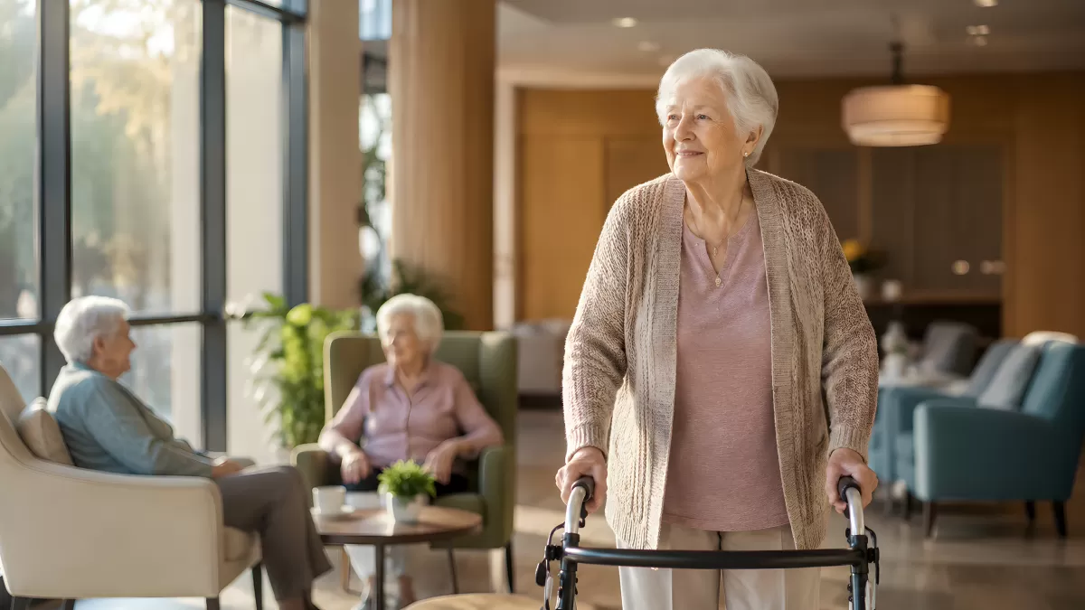 Seniorin mit Rollator im modernen Pflegeheim