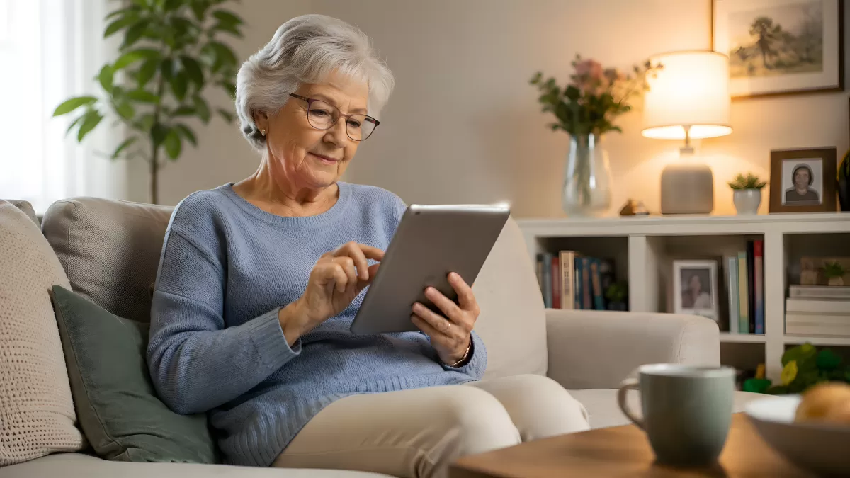 Seniorin mit Tablet auf dem Sofa im Wohnzimmer