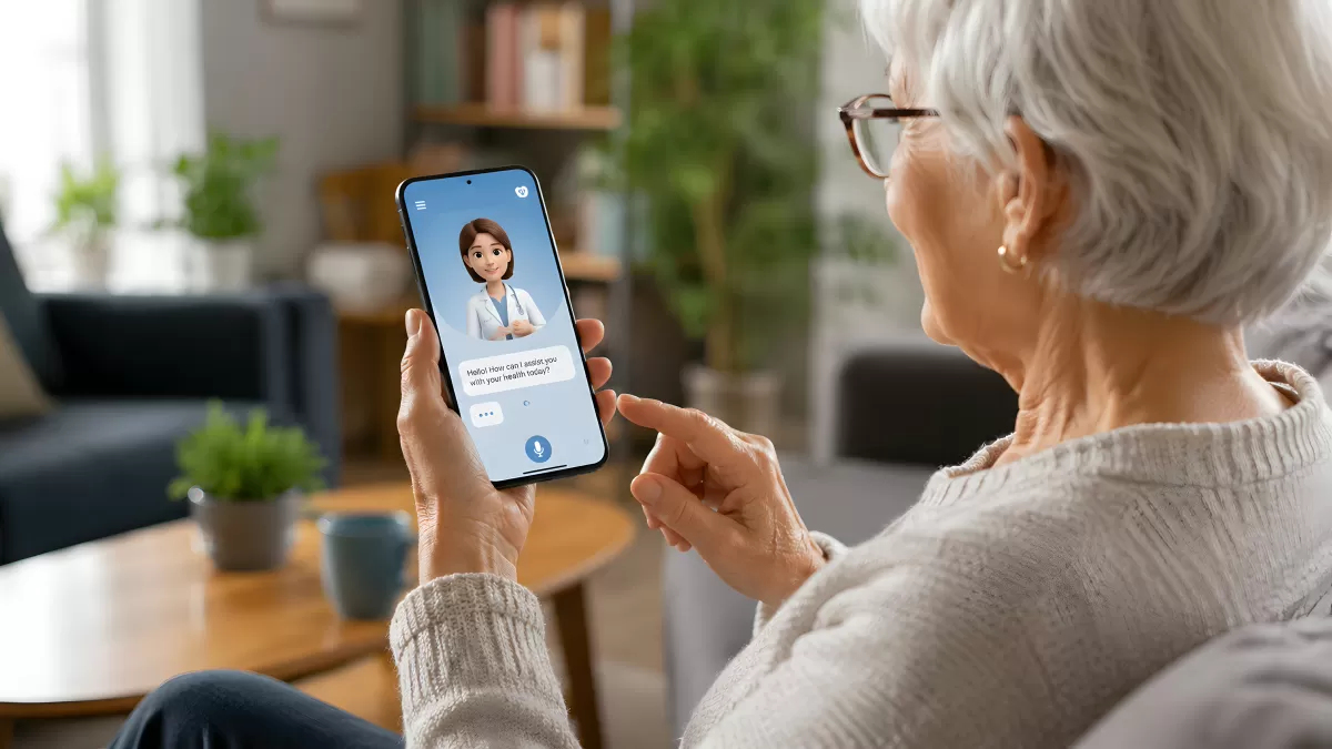 Seniorin nutzt KI-Gesundheits-App auf Smartphone