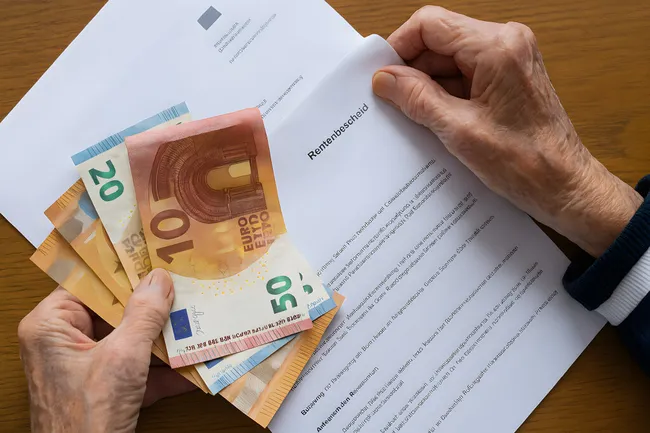 Seniorin prüft Rentenbescheid und hält Bargeld in der Hand