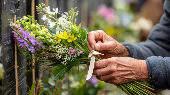 Seniorin schmückt Gedenkort mit frischen Blumen