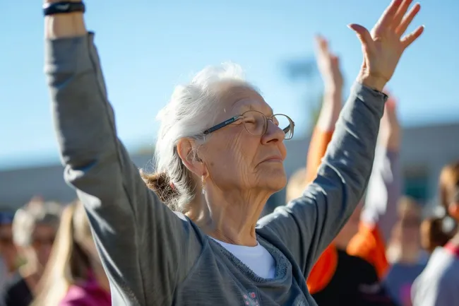 Seniorin streckt Arme freudig in die Luft