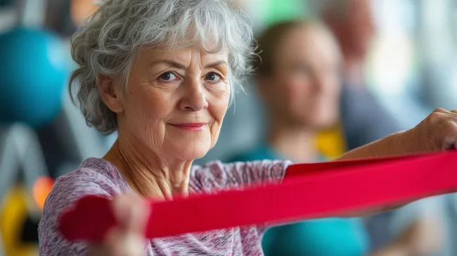 Seniorin trainiert mit Fitnessband in Bewegung