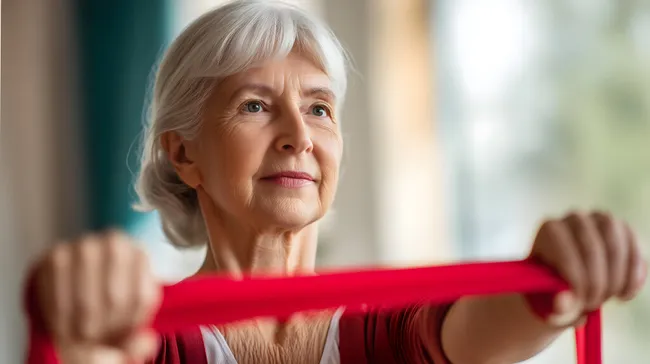 Seniorin trainiert zu Hause mit Widerstandsband