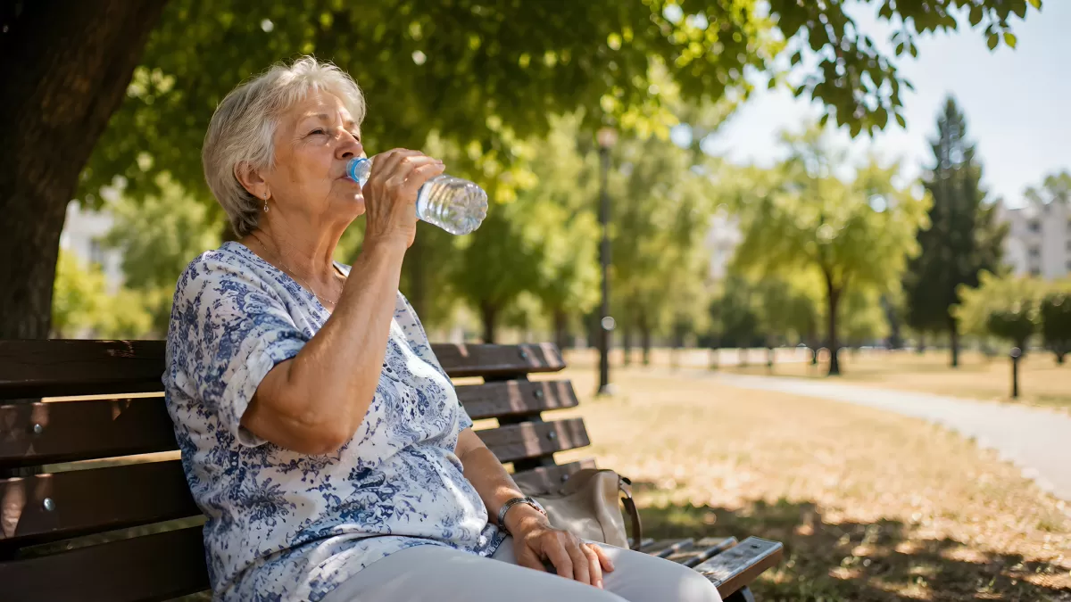 Seniorin trinkt Wasser auf Parkbank im Sommer