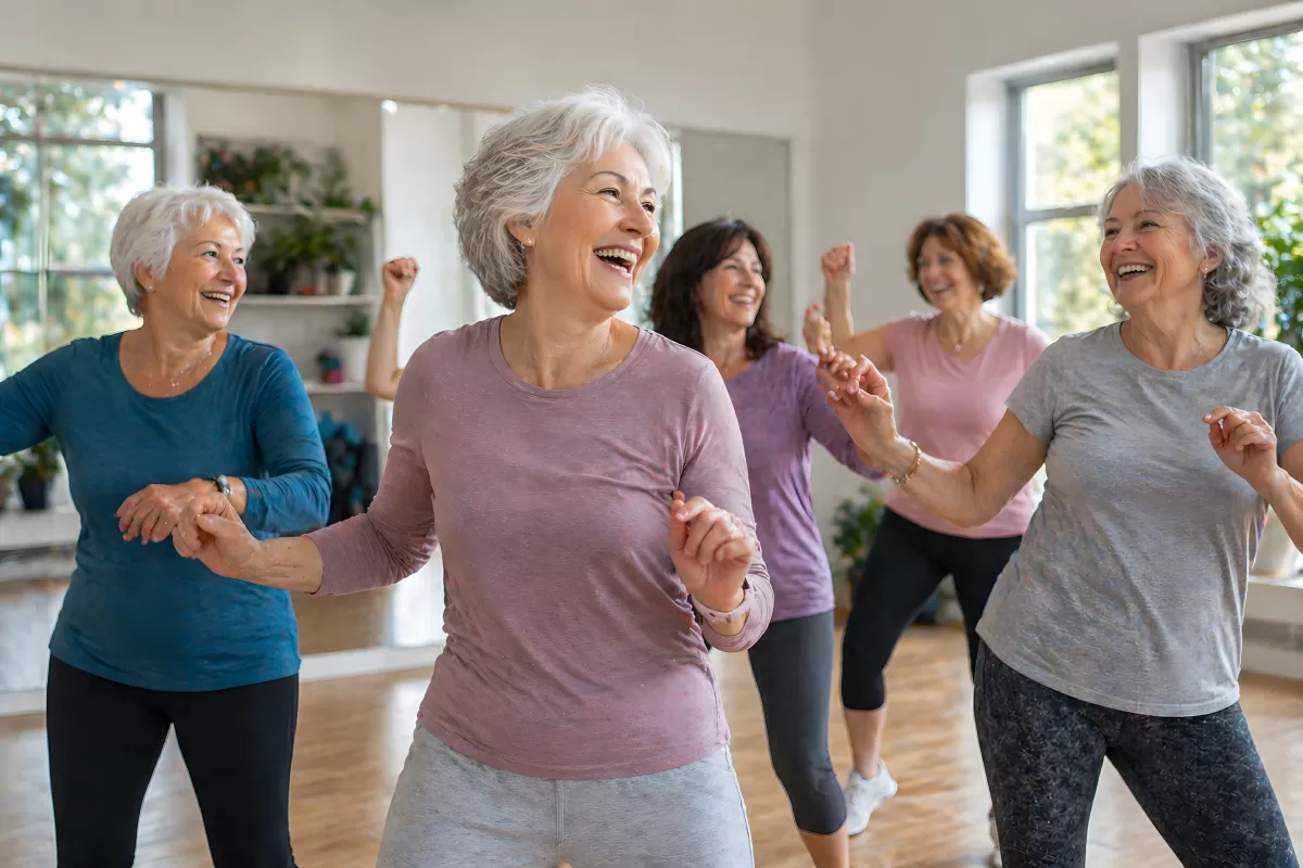 Seniorinnen tanzen gemeinsam in hellem Fitnessstudio
