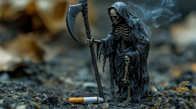 Sensenmann mit Zigarette - Düsteres Stockfoto mit Symbolik