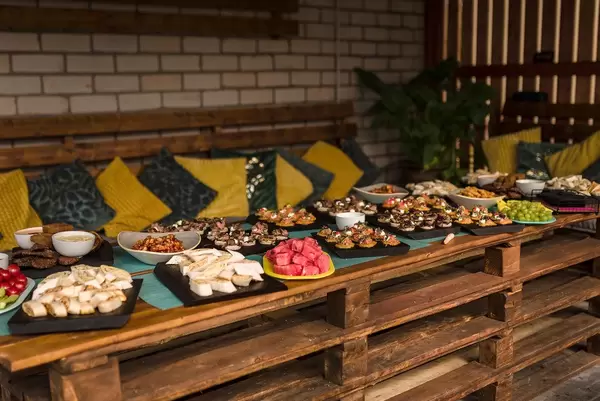 Served Party Table With Fruits, Snacks, Lavash, Canapes And Meat