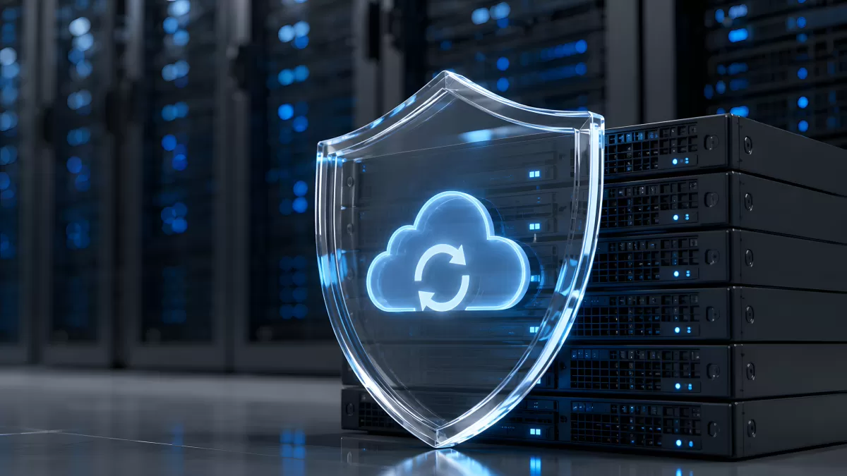 Serverracks im Rechenzentrum hinter Glasschild mit Cloud-Symbol