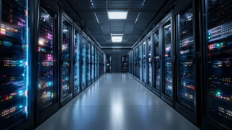 Serverraum mit modernen LED Racks und reflektierendem Boden