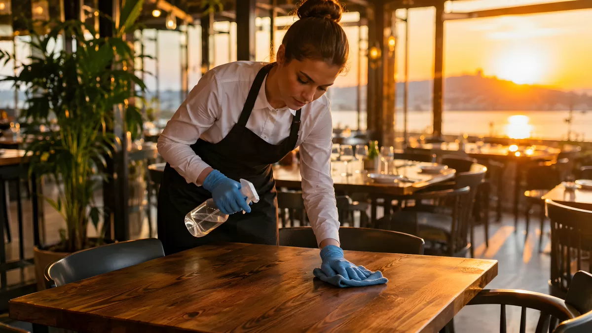 Servicekraft reinigt Holztisch im Restaurant bei Sonnenuntergang
